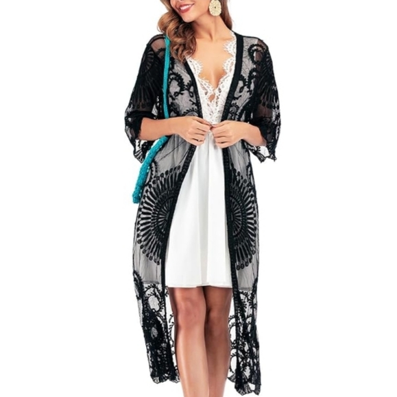 FaroDor Other - Long Flowy Lace Kimono Cardigan Boho Style Open Cover Ups Black